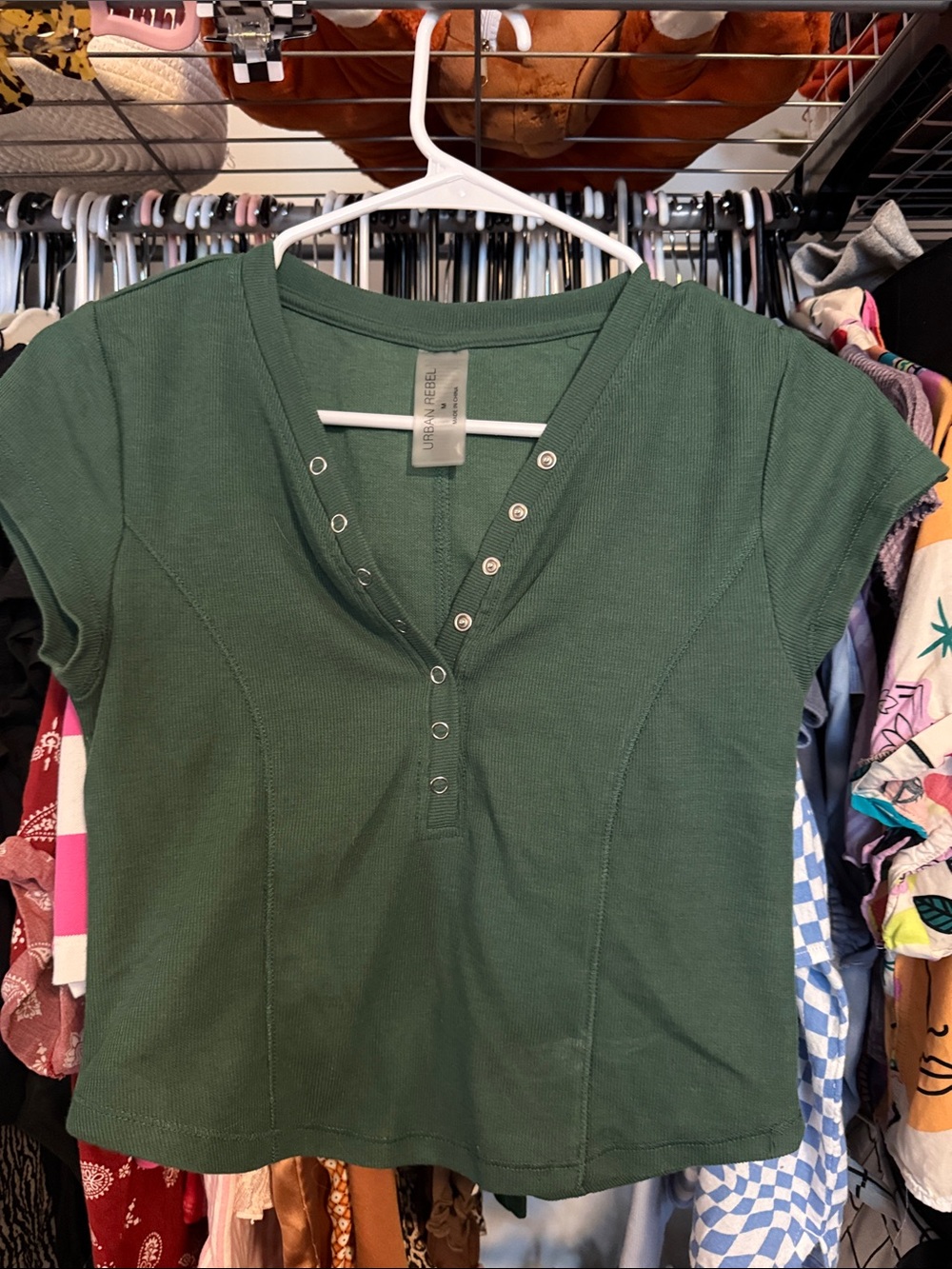 Urban Renewal Deep Green Ribbed Snap-Front Short Sleeve Top